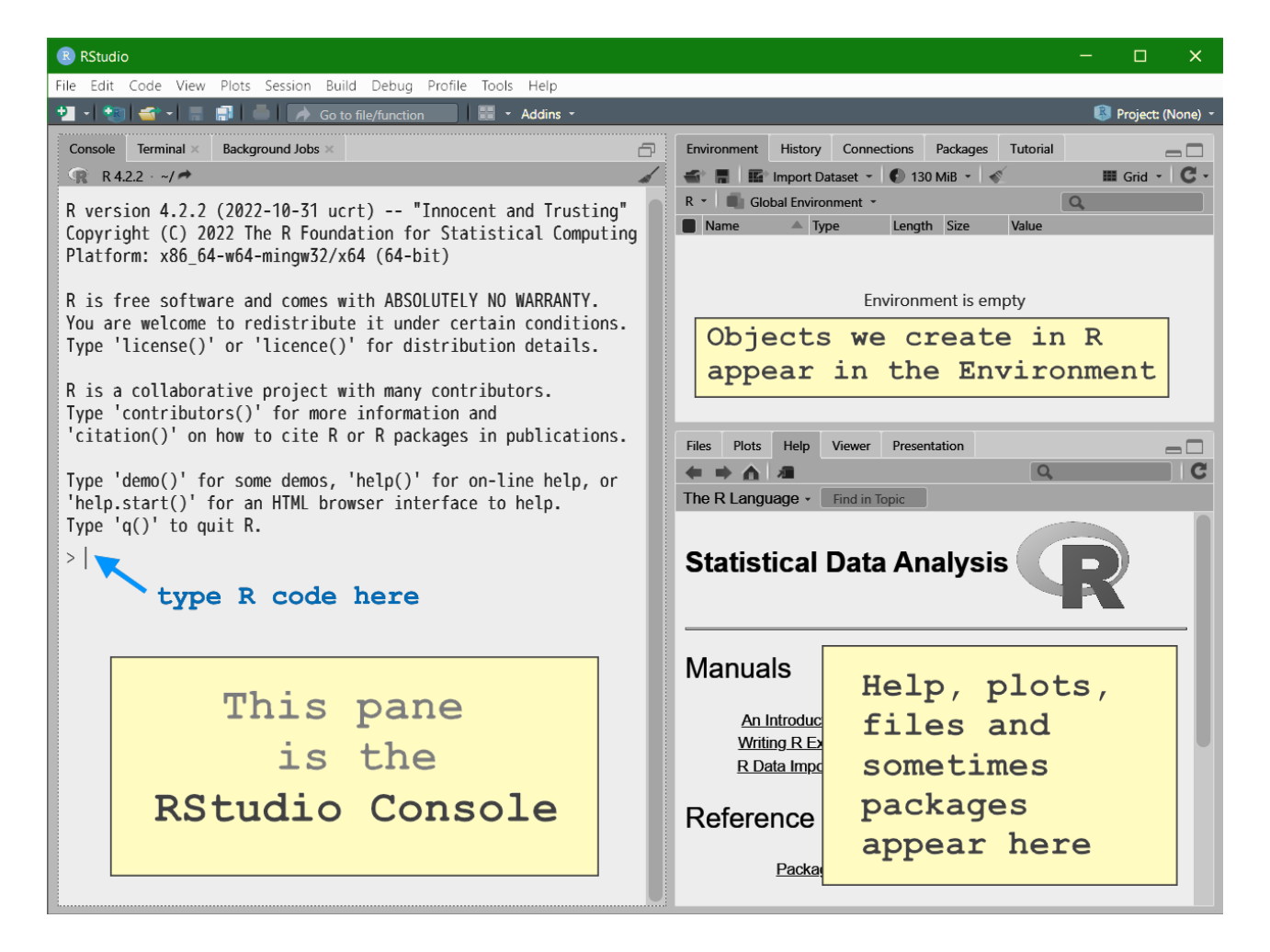 Figure 1: The RStudio window with a very brief explanation of some different sub-panes.