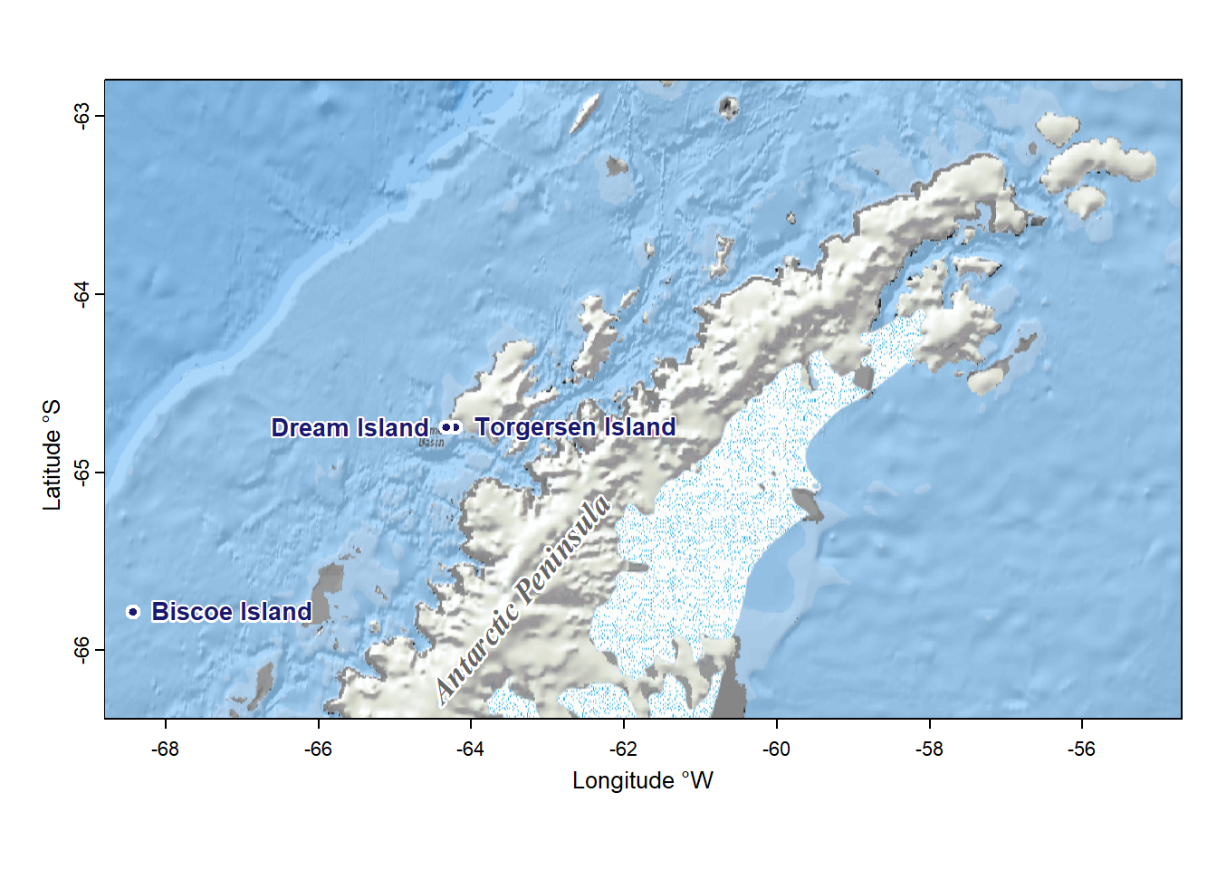 Figure 2: Locations of tiny Antarctic Islands where penguin data were collected.