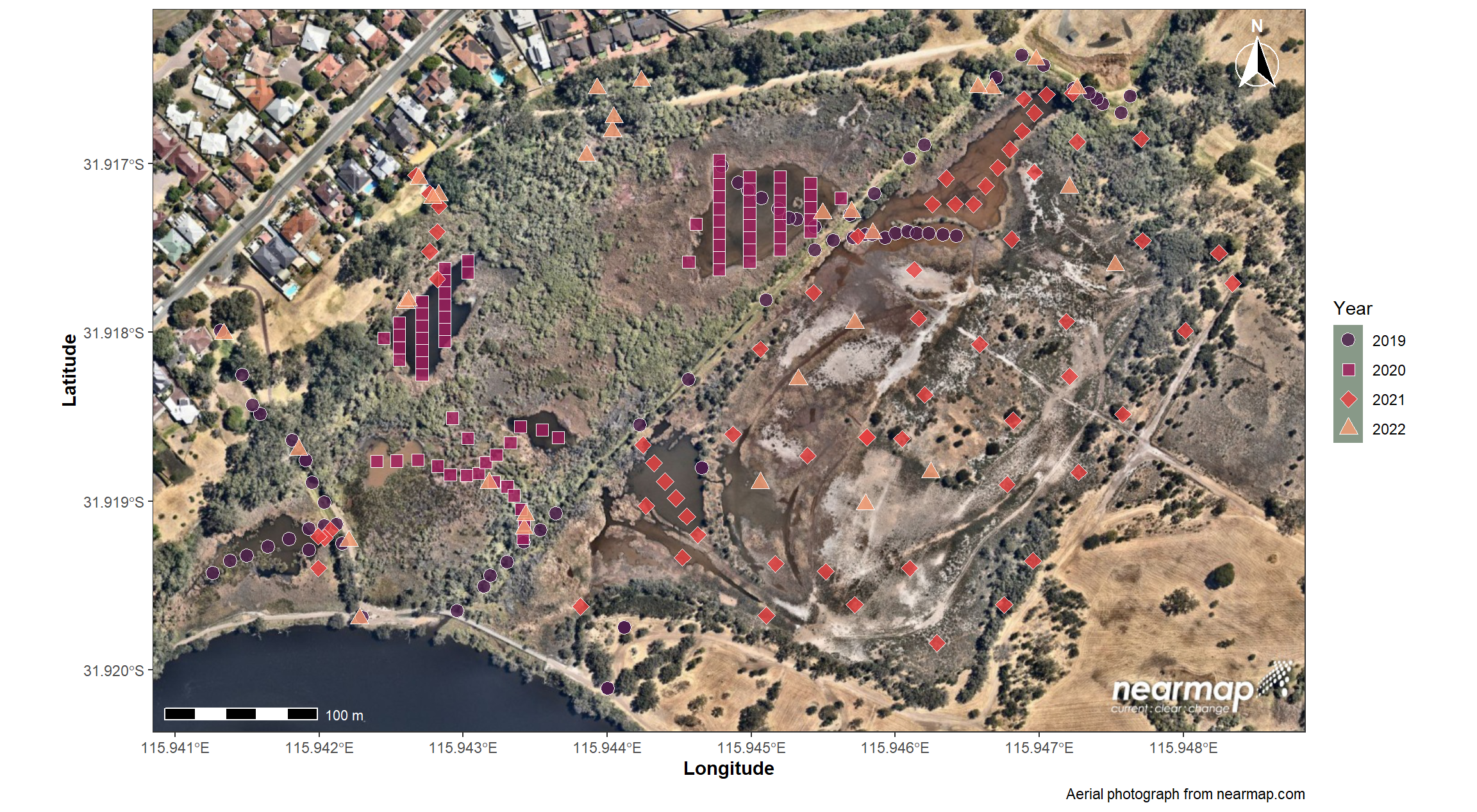 Figure 2: Map of sampling locations at Ashfield Flats Reserve from 2019-2022 plotted on a Nearmap spatial raster using functions from the ggplot2 and ggspatial R packages.