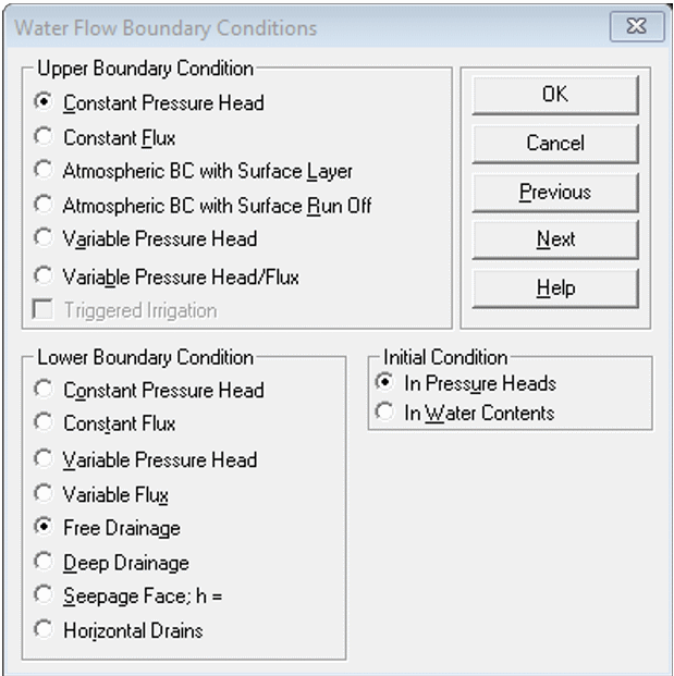 Water Flow Boundary Conditions dialog screenshot