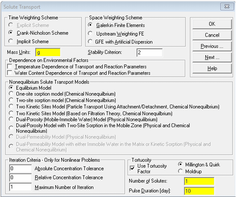 Solute Transport dialog screenshot