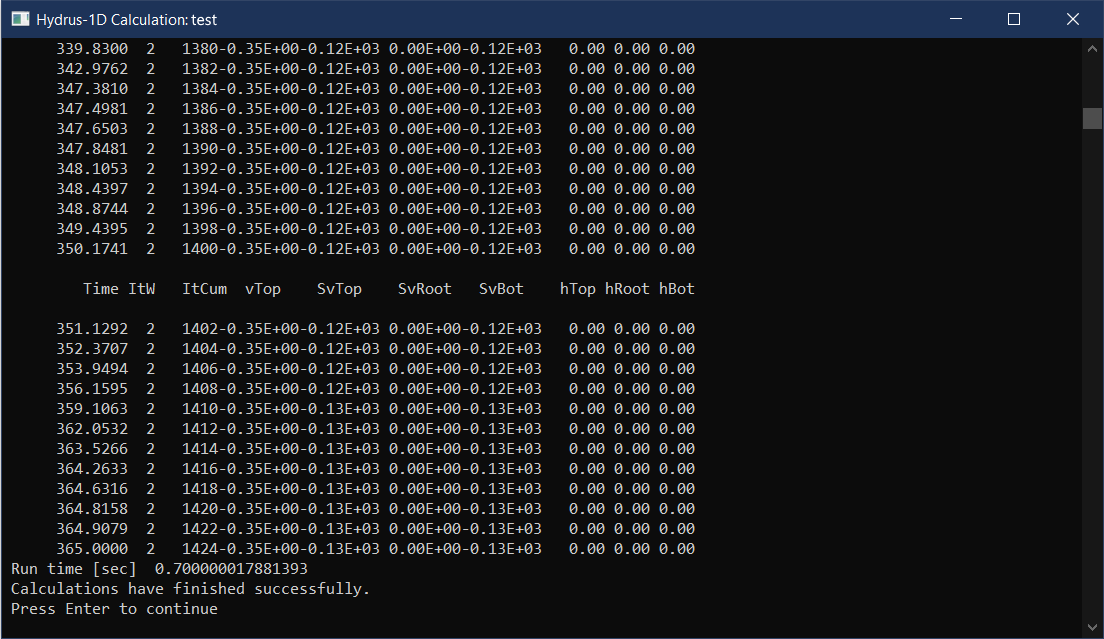 Hydrus-1D Calculation screenshot