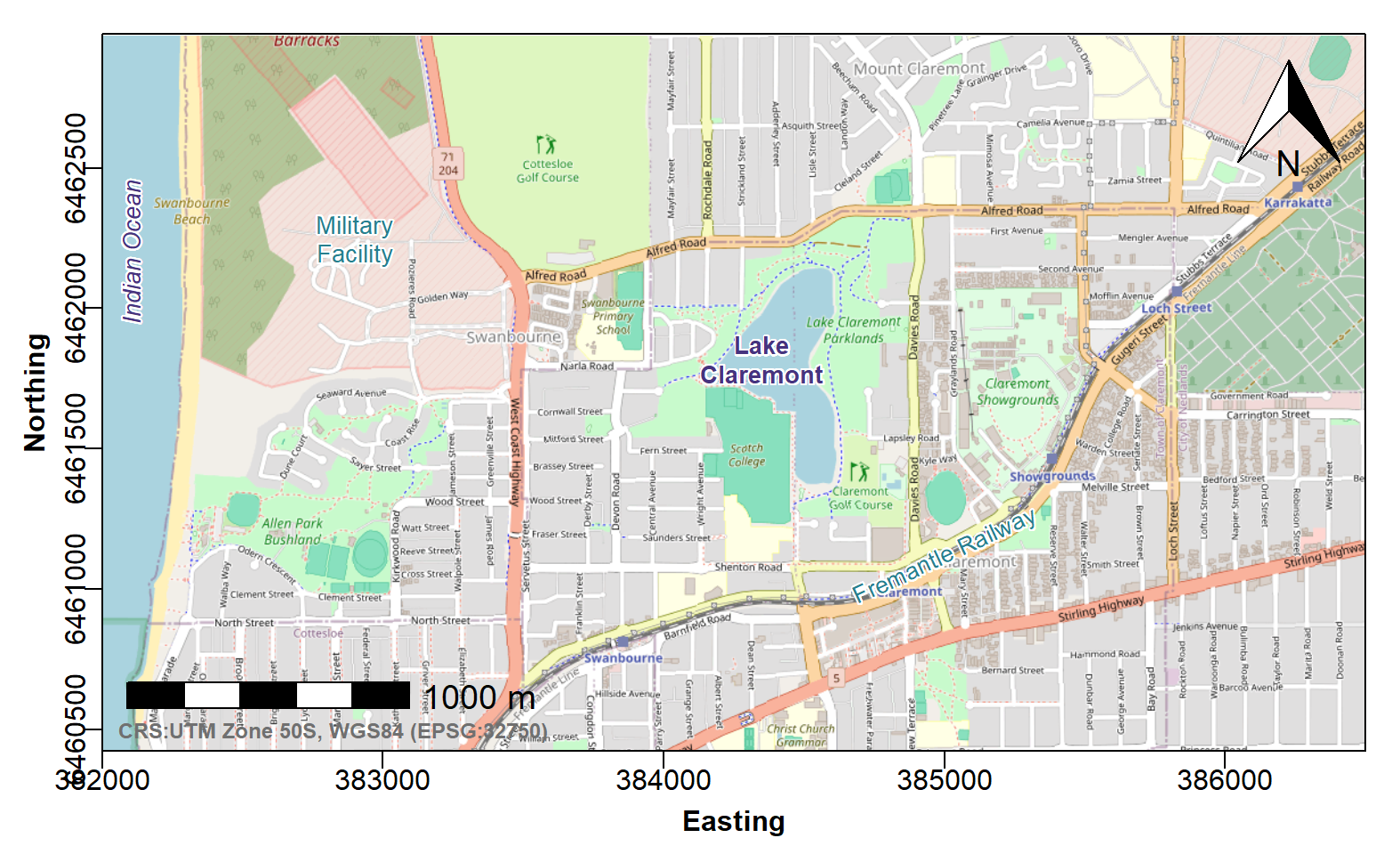 Figure 2: Georeferenced map tile image obtained with `maptiles`, with `prettymapr` north arrow and scale bar, and text annotations using the `shadowtext()` funtion from the `TeachingDemos` package.