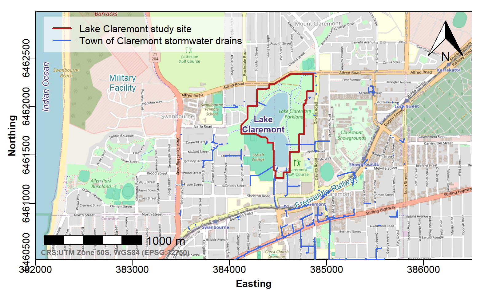 Figure 3: Georeferenced map tile image obtained with `maptiles`, with annotations as in Figure 2, and third-party data used to plot stormwater drain locations and show the extent of the study area.