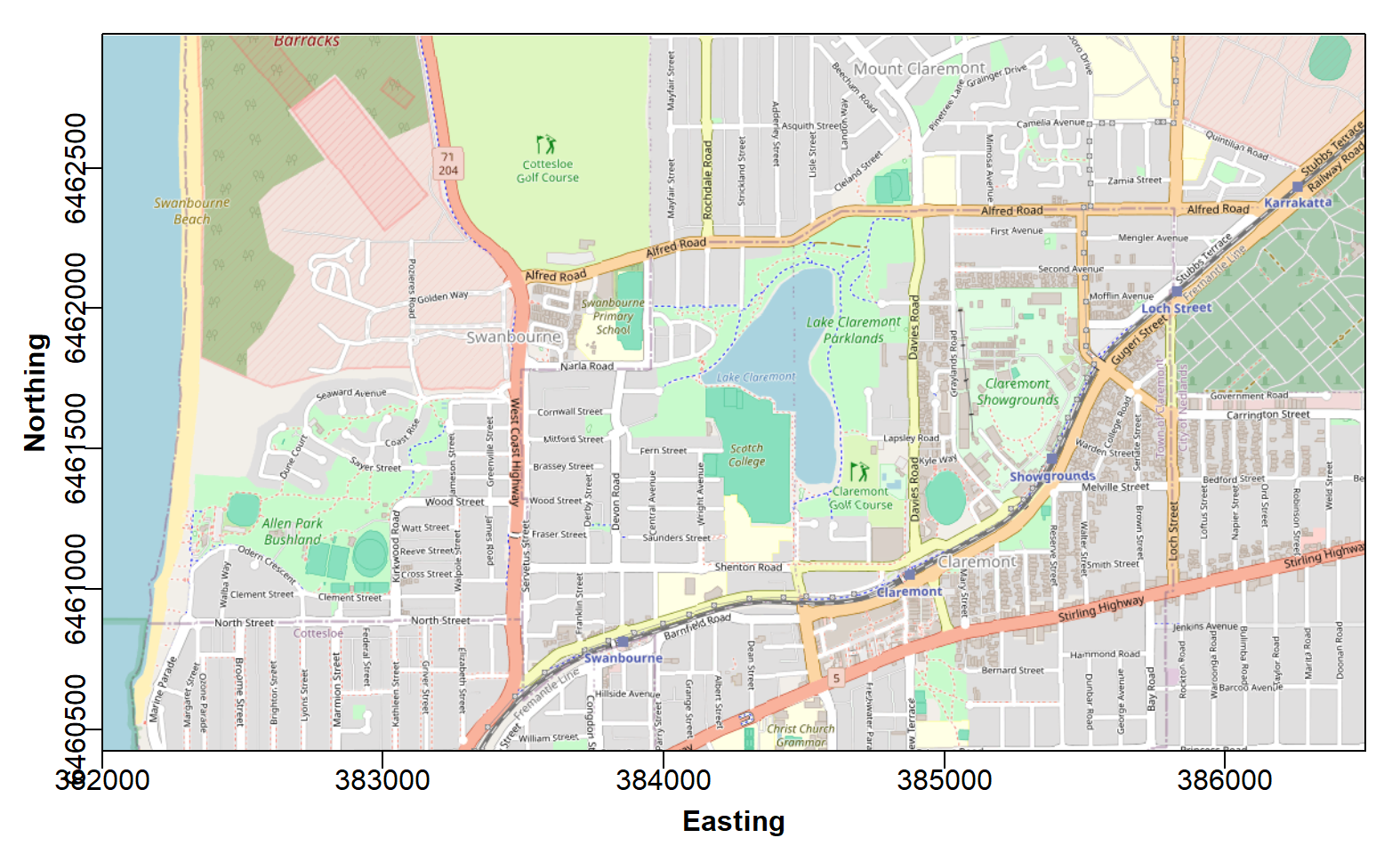 Figure 1: Georeferenced map tile image obtained with the `maptiles` R package to use as a base locality map.