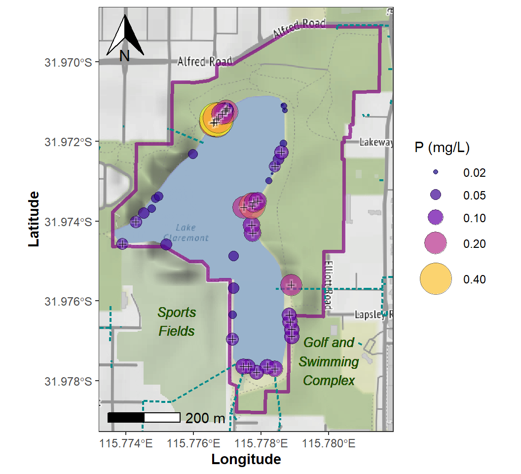 Figure 8: Site Plan map for Lake Claremont made using `ggplot2` and `ggmap`, showing concentration of P as area-proportional symbols. Samples for which total P concentration exceed the stressor value (ANZECC/ARMCANZ 2000) are identified with + symbols.