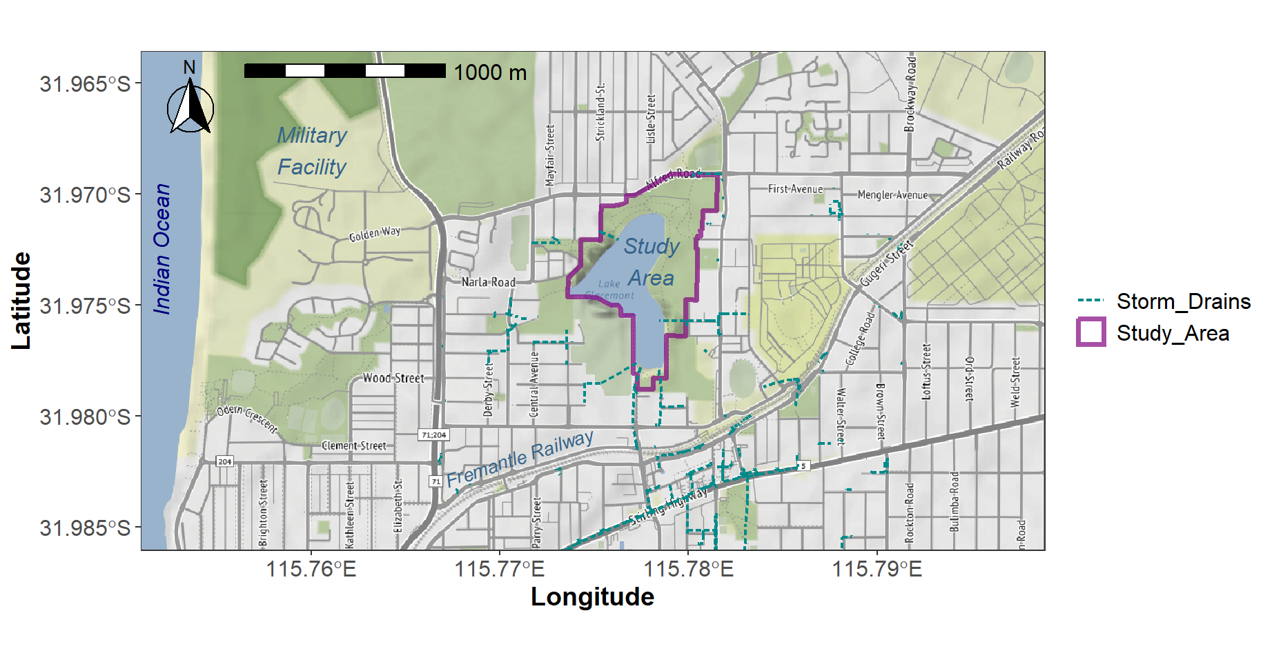 Figure 4: Locality map for Lake Claremont made using `ggplot2` and `ggmap`.