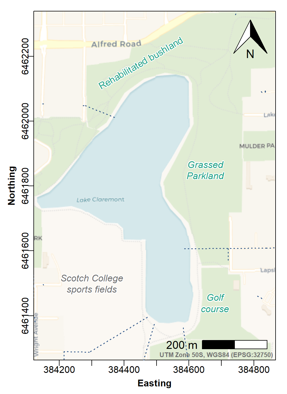 Figure f: Site Plan map made with georeferenced tiles obtained with `maptiles`, with `prettymapr` north arrow and scale bar, and stormwater drains.