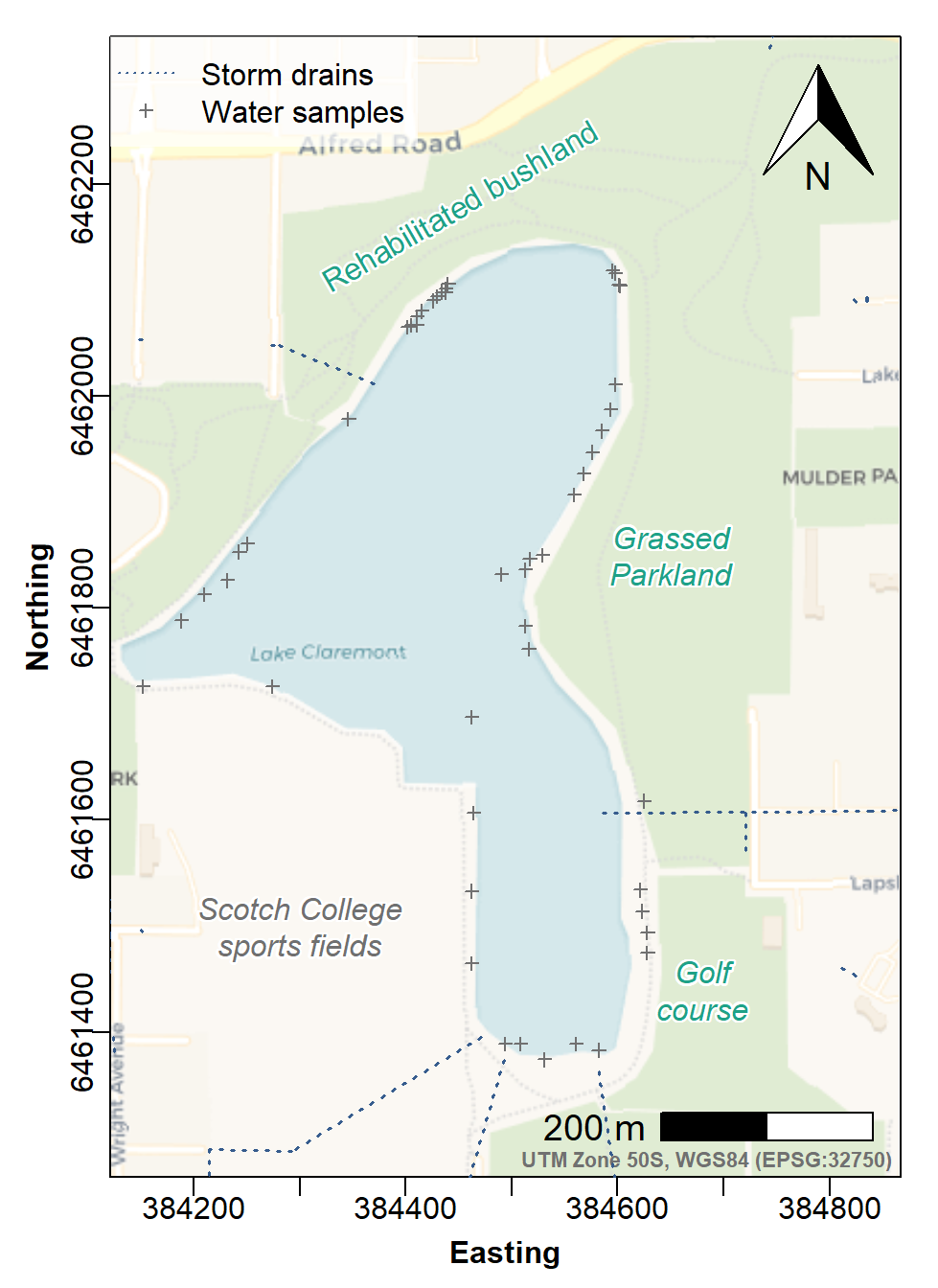 Figure 6: Site Plan map made with georeferenced tiles obtained with `maptiles`, with `prettymapr` north arrow and scale bar, stormwater drains, and locations of water samples.