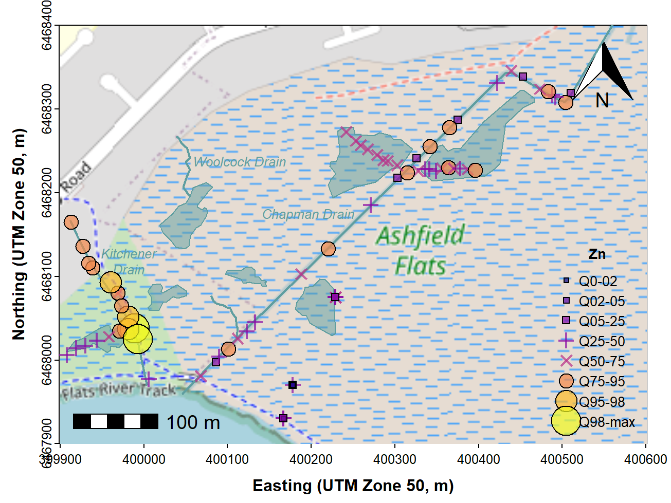 Figure 9: Map showing percentile ranges of zinc concentrations in sediment and soil at Ashfield Flats in 2019, over OpenStreetMap tiles acquired using `maptiles`.