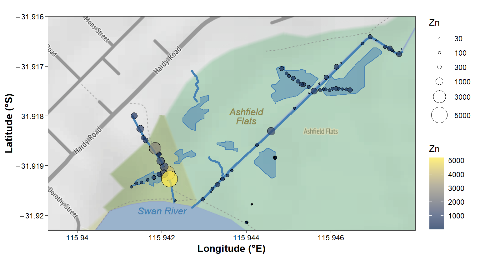 Figure 11: Zinc concentration (mg/kg) in sediment sampled in Semester 1, 2021 at Ashfield Flats, Western Australia, plotted over `stamen_terrain` map tiles acquired using the `R` package `ggmap`, with data in a simple features data frame, and with manually added wetland pond locations.