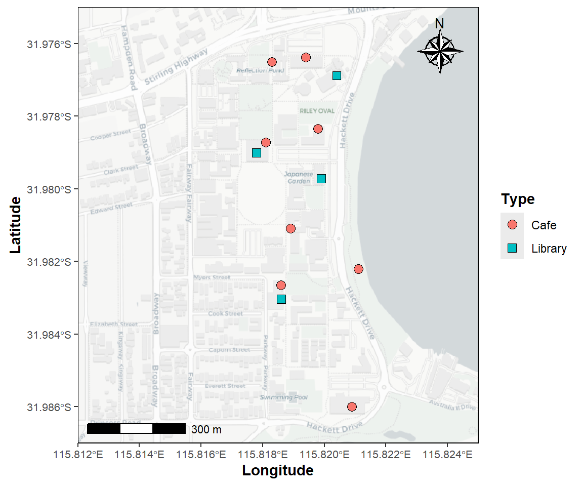 Figure 10: Map of the University of Western Australia campus at Crawley, showing the location of libraries and cafés, plotted using the `R` packages `ggplot2` and `ggspatial` over CartoDB map tiles acquired using the `R` package `maptiles`.