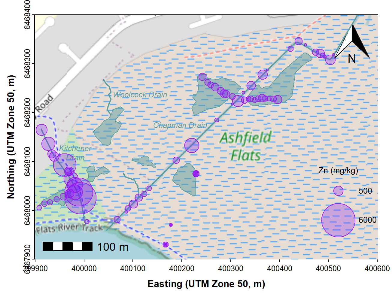 Figure 7: Bubble map of zinc concentrations in sediment and soil at Ashfield Flats in 2019, over OpenStreetMap tiles acquired using `maptiles`.