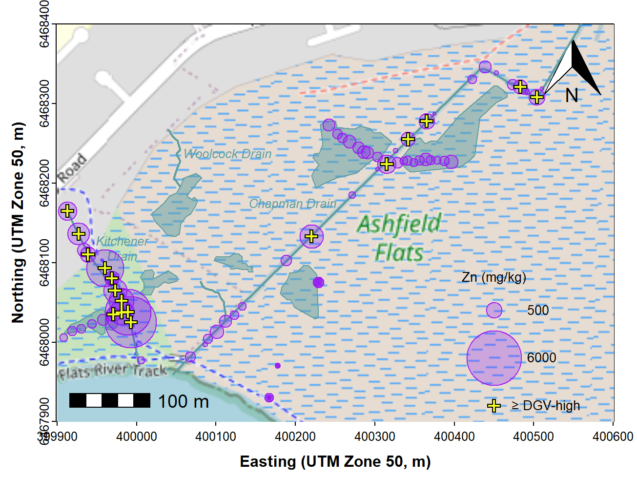 Figure 8: Bubble map of zinc concentrations in sediment and soil at Ashfield Flats in 2019, over OpenStreetMap tiles acquired using `maptiles`. Locations where Zn concentration exceeds the DGV-high threshold are shown.