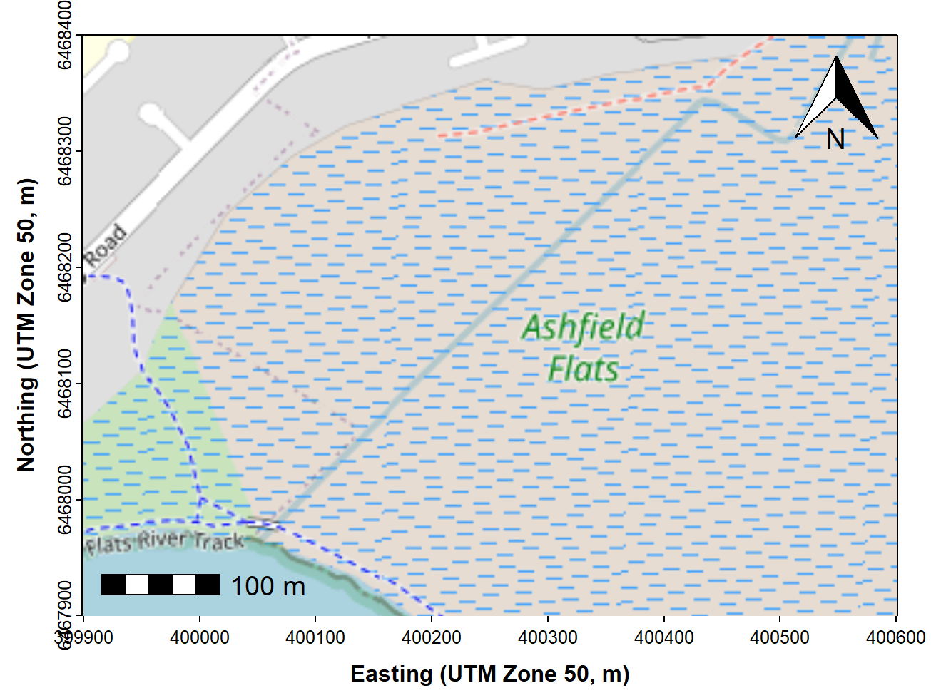 Figure 3: Map of Ashfield Flats (UTM), with added North arrow and scale bar from the `prettymapr` package, over OpenStreetMap tiles acquired using `maptiles`.