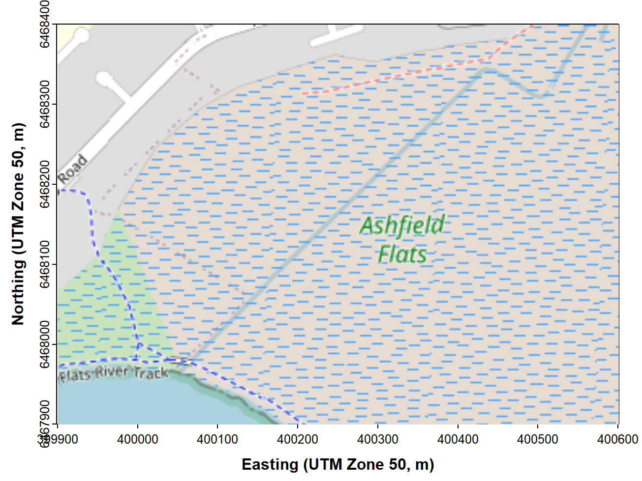 Figure 1: Map of Ashfield Flats in the UTM projection, generated using the `maptiles` R package, with OpenStreetMap tiles.