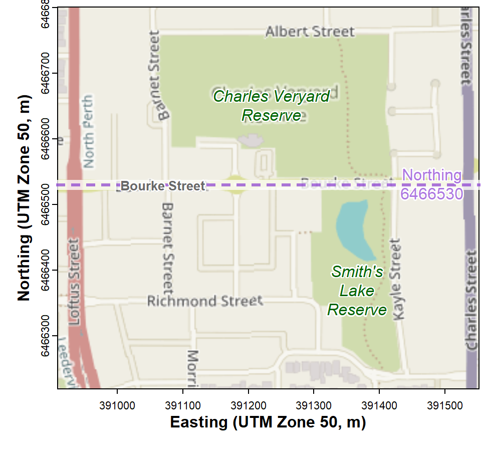 Figure 1: Map showing locations of the adjacent Charles Veryard Reserve and Smiths Lake Reserve, North Perth, Western Australia (these were the locations sampled for the sv2017 dataset).