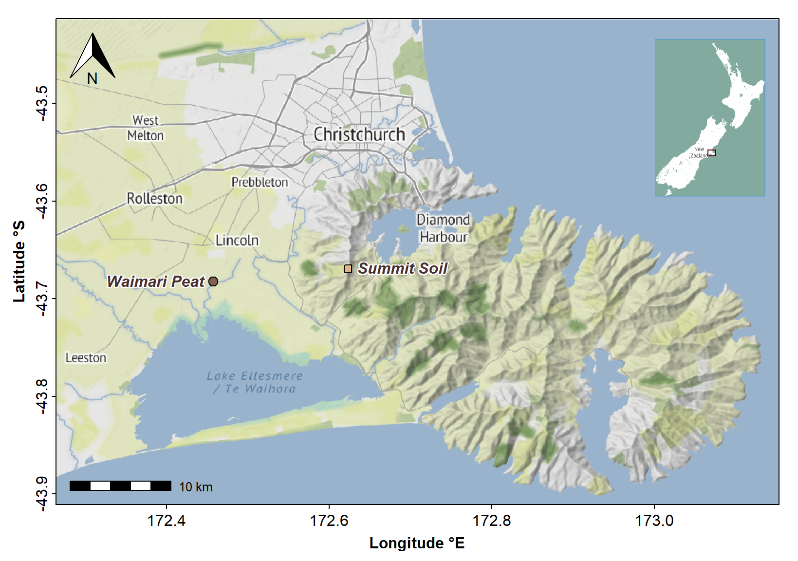 Figure 1: Map of areas in Waitaha/Canterbury, Aotearoa New Zealand where soil was collected for extraction of humic acids.