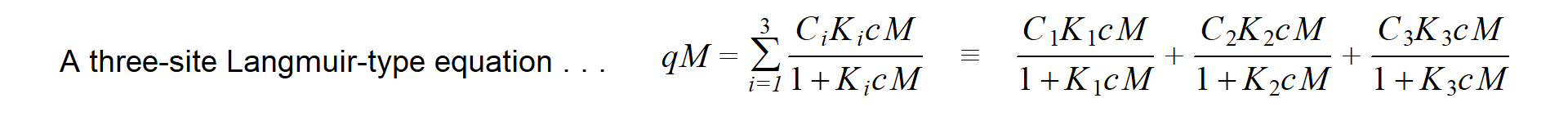 Equation which reads qM = the summation from i=1 to 3 of (Ci*Ki*cM/(1+Ki*cM))