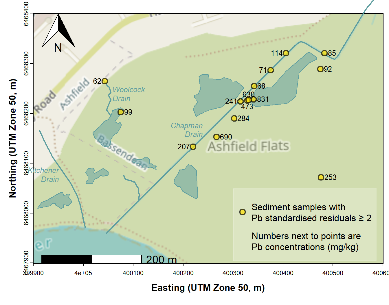 Figure 4: Map of Ashfield Flats showing locations of samples having unusually large Pb concentrations based on a multiple regression model representing a 'background concentration function'.