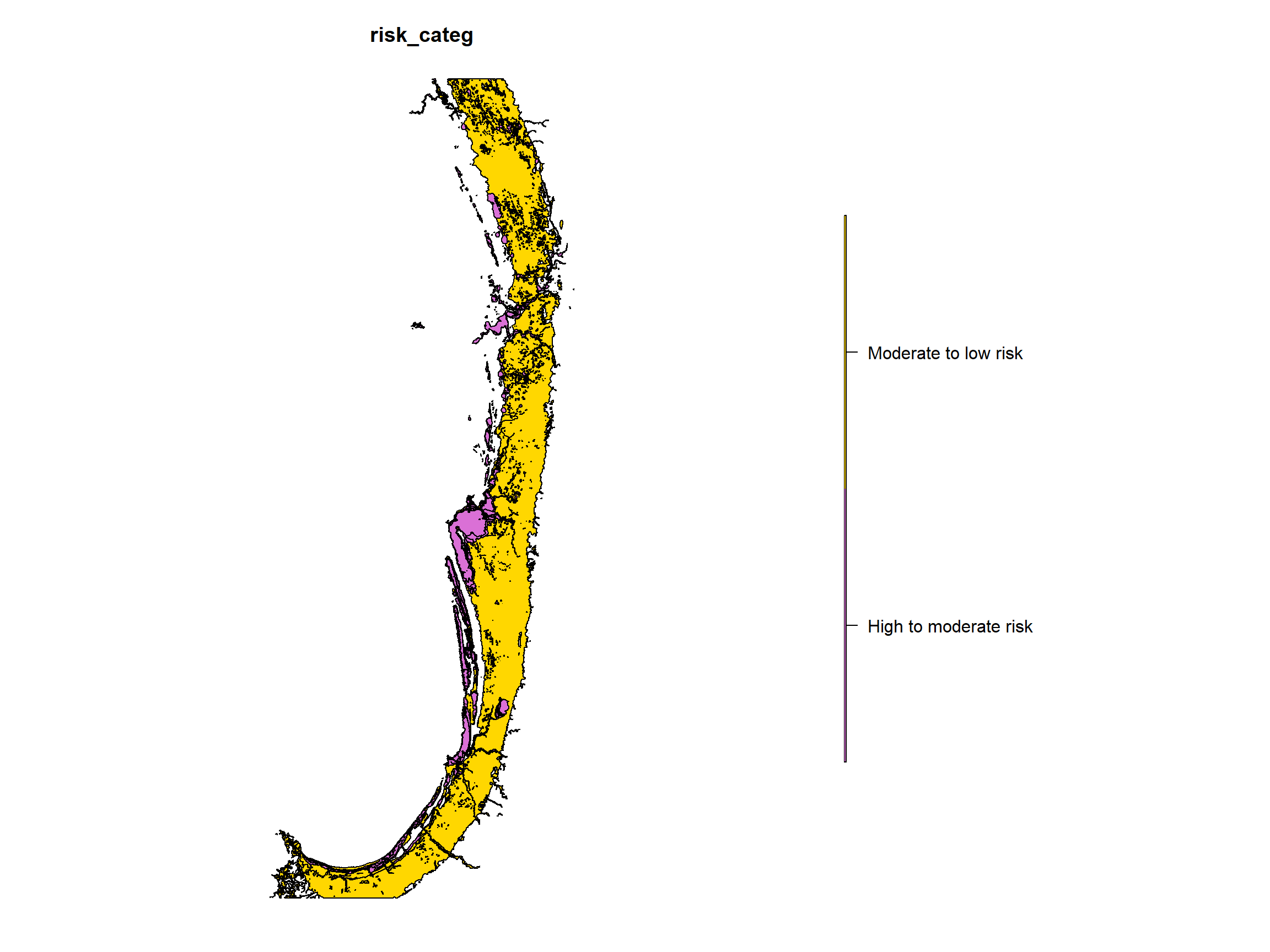 Figure 1: Plot of layer 4 in Swan Coastal Plain Acid Sulfate Soil Risk Map (DWER 2020) converted from shapefile into `sf` object in R.