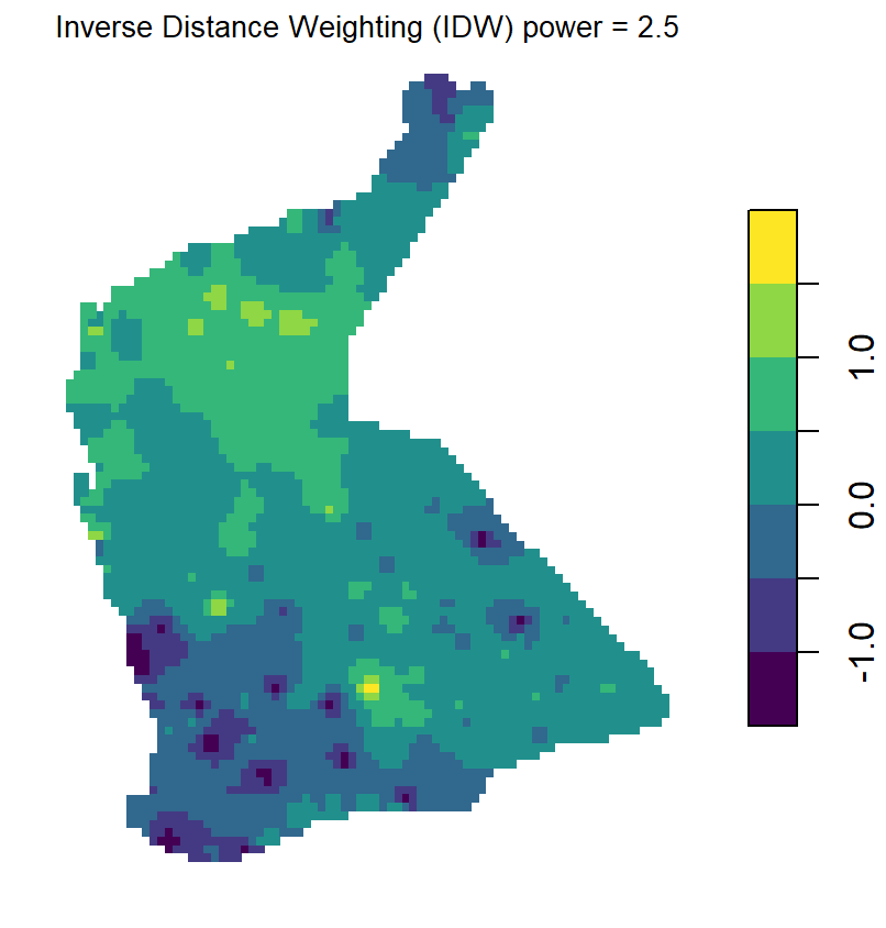 Figure 6: Plots of inverse distance weighted (IDW) interpolation predictions for log-transformed arsenic (As) in the WA subset of the NGSA data, -2mm topsoil fraction.