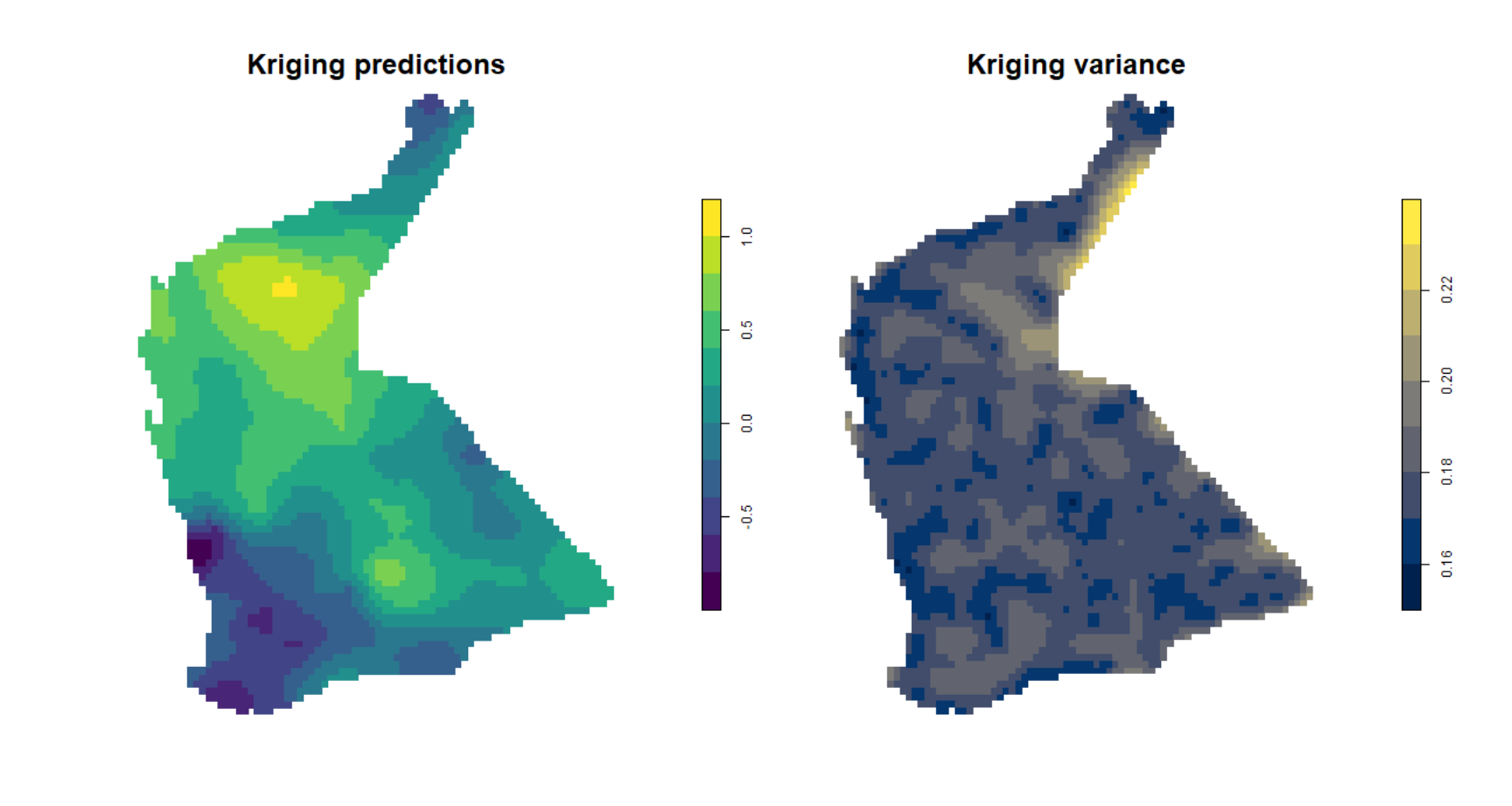 Figure 5: Plots of simple kriging predictions (left) and variance (right) for log-transformed arsenic (As) in the WA subset of the NGSA data, -2mm topsoil fraction.