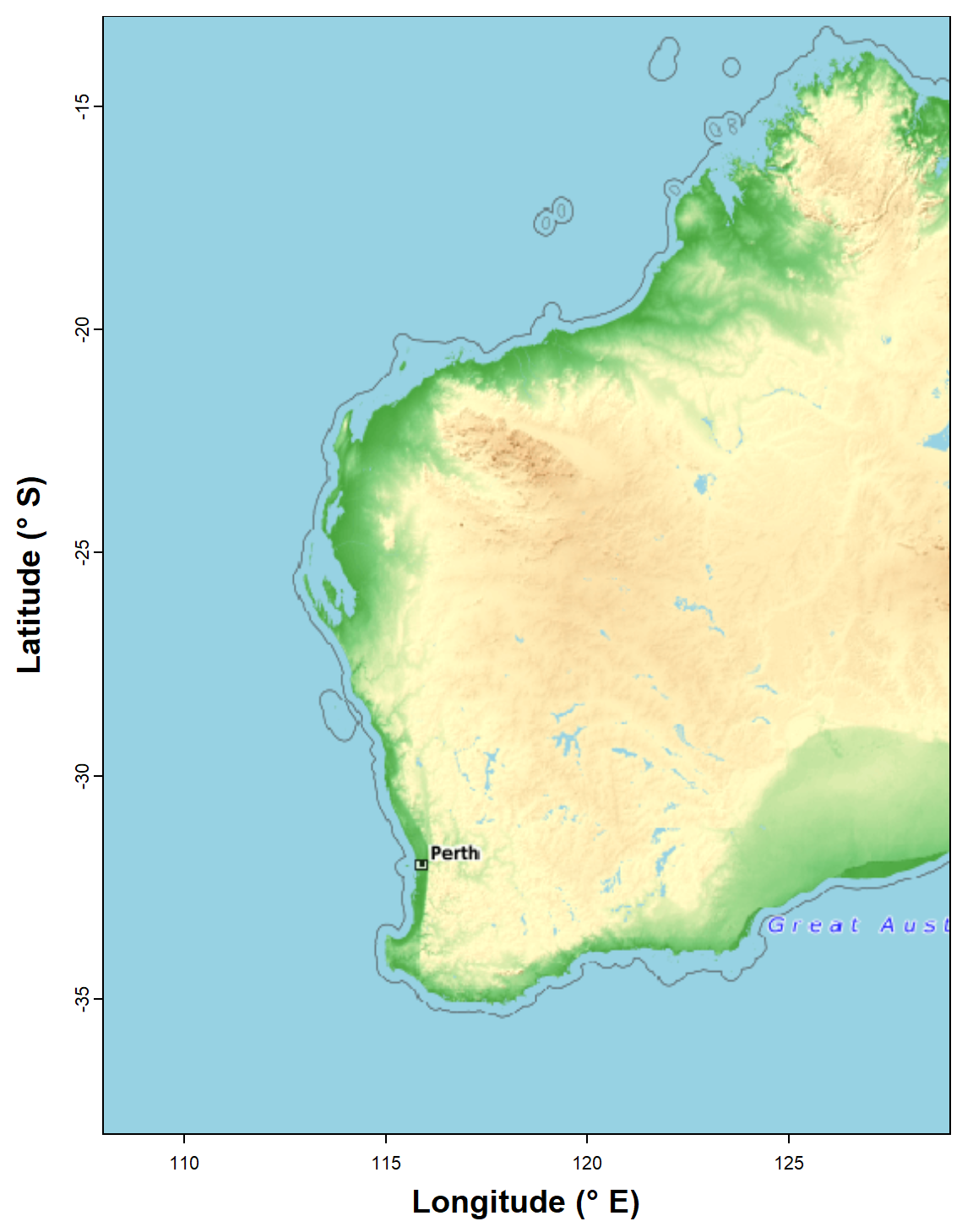 Figure 1: Map of Western Australia (rectangular Long-Lat projection) used subsequently as the base map for spatial analyses. Generated using the `maptiles` R package, with OpenTopoMap tiles.