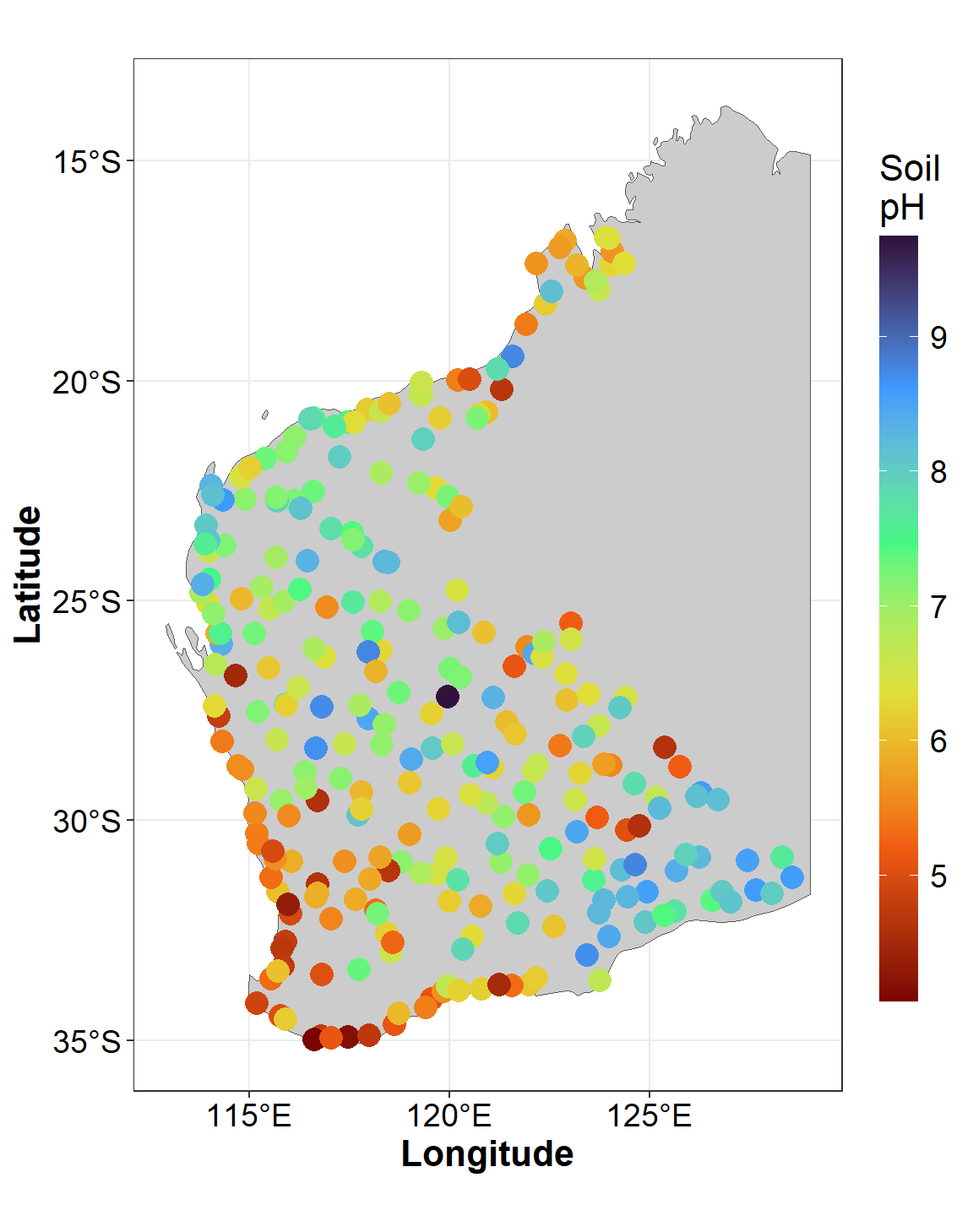 Figure 4: Sample locations and soil pH for the Western Australia subset of the NGSA data plotted usiing `ggmap` over a simple background.