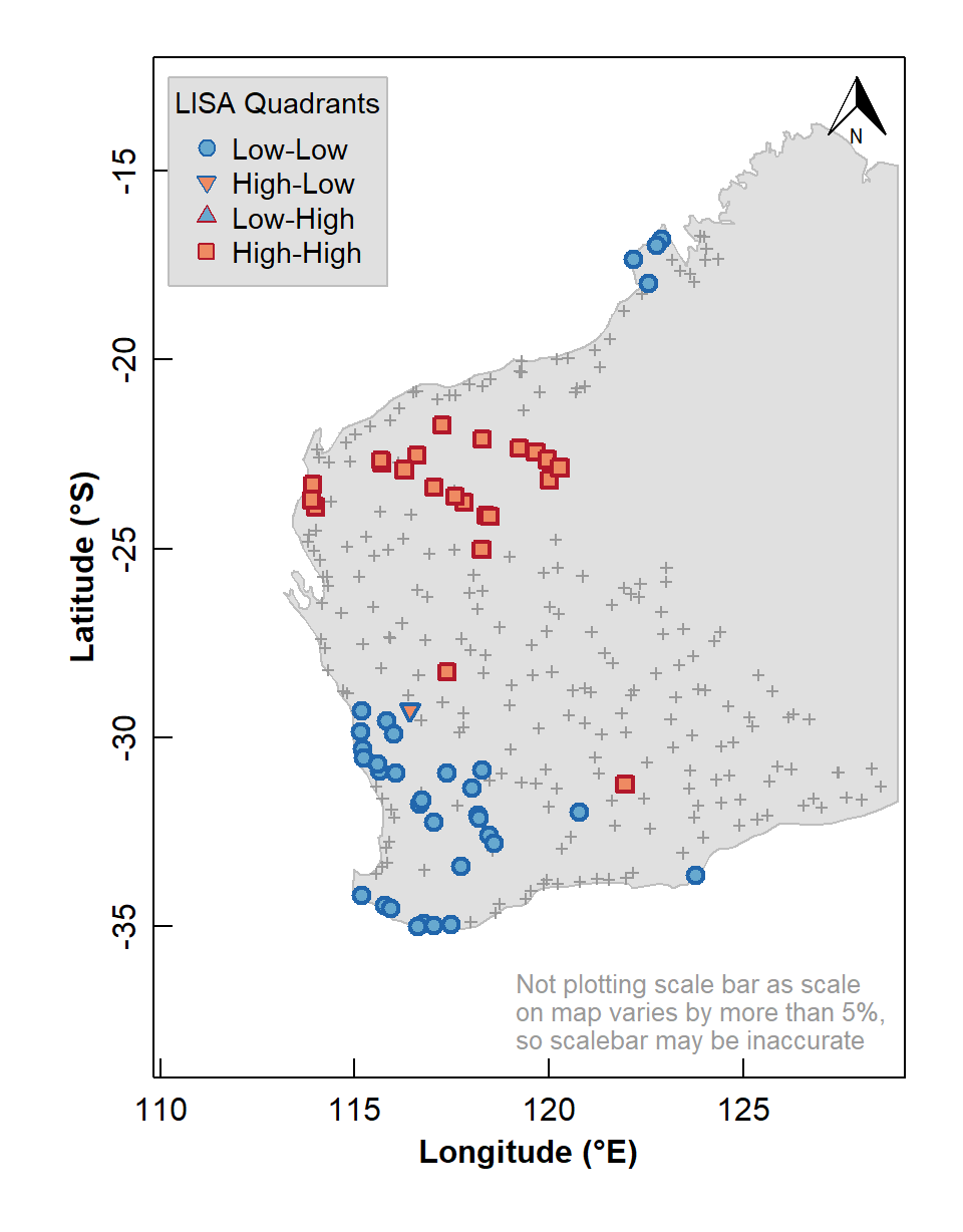 Figure 7: Map of Local Indicators of Spatial Association (LISA) relative to median for arsenic (As) concentrations in the WA subset of the NGSA data, –2 mm topsoil fraction.