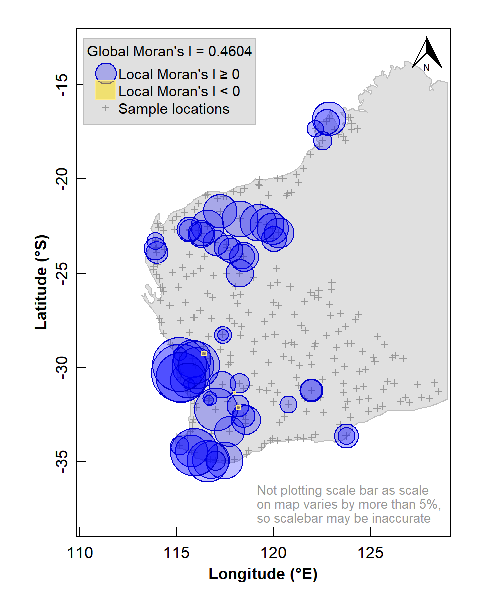 Figure 6: Map of Local Moran's I for arsenic (As) concentrations in the WA subset of the NGSA data, -2mm tosoil fraction. The Global Moran's I parameter is also shown above the legend.