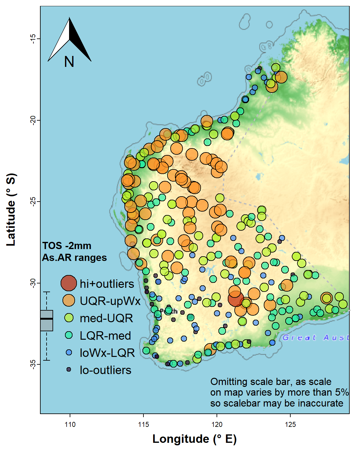 Figure 5: Map of arsenic (As) concentrations expressed as symbols for concentration ranges (UQR is 75th percentile, upWx is upper whisker, med is median, LQR is 25th percentile, loWx is lower whisker). Data are from from the WA subset of the NGSA data, -2mm tosoil fraction.