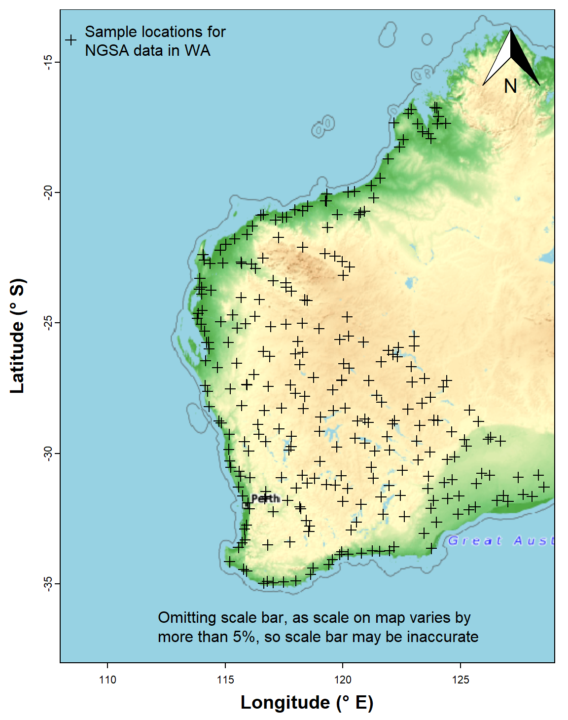 Figure 3: Sample locations for the Western Australia subset of the NGSA data plotted over a `maptiles` raster background.