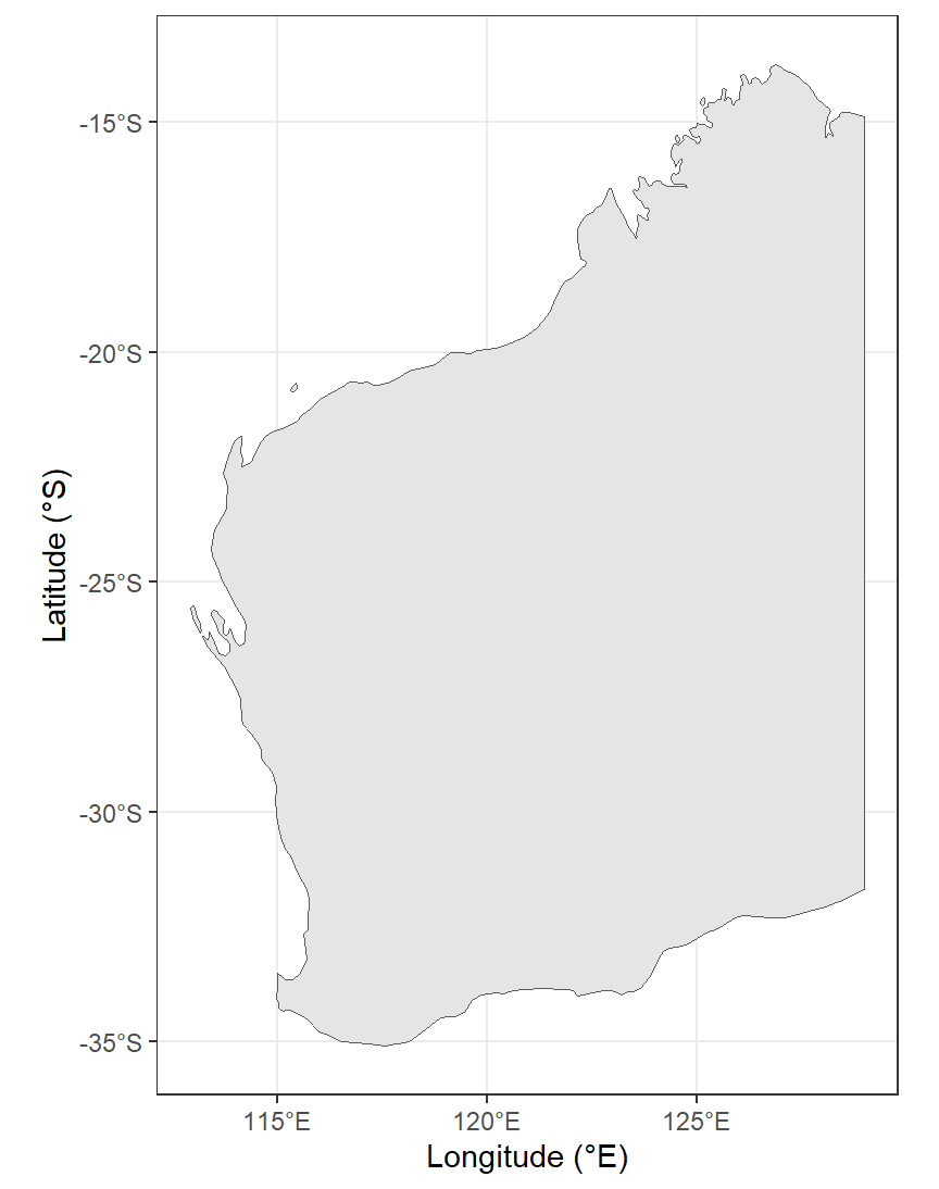 Figure 2: Map of Western Australia (rectangular Long-Lat projection) as a simple alternative base map for spatial analyses. Generated using the `maps`, `sf`, and `ggplot2` R packages.