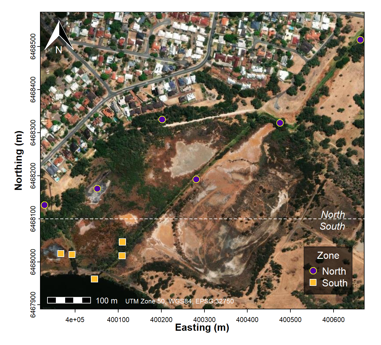 Figure 5: Map of the Ashfield Flats study area showing eDNA water sample locations categorised into South and North zones.