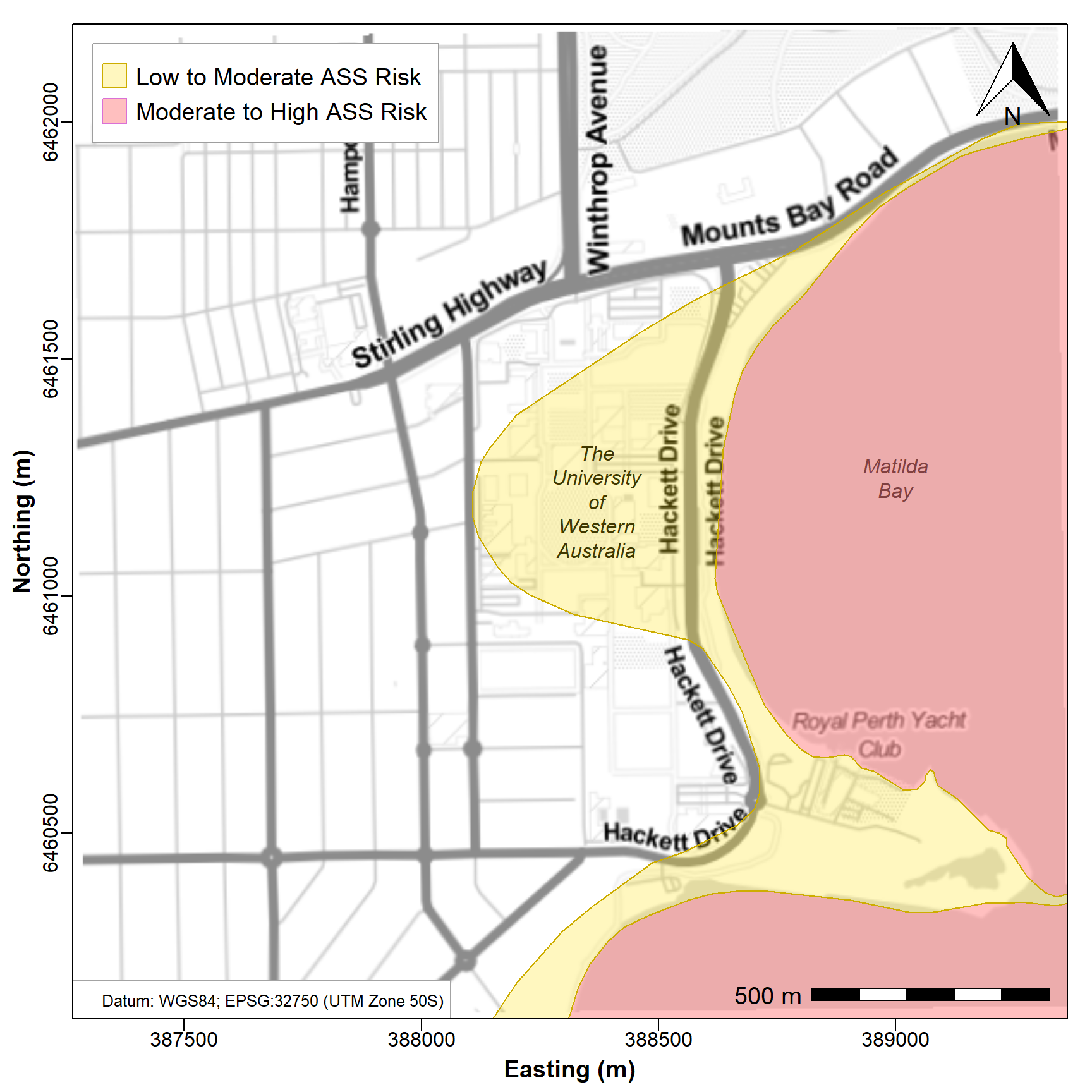 Figure 2: Map of the University of Western Australia precinct with overlay of the Swan Coastal Plain Acid Sulfate Soil Risk Map (DWER 2020). Overlay shows risk of ASS occurring in upper 3m if disturbed (*e.g*. by land development). Background map tiles are TonerLite (Stamen Design, 2012) *via* `maptiles`.