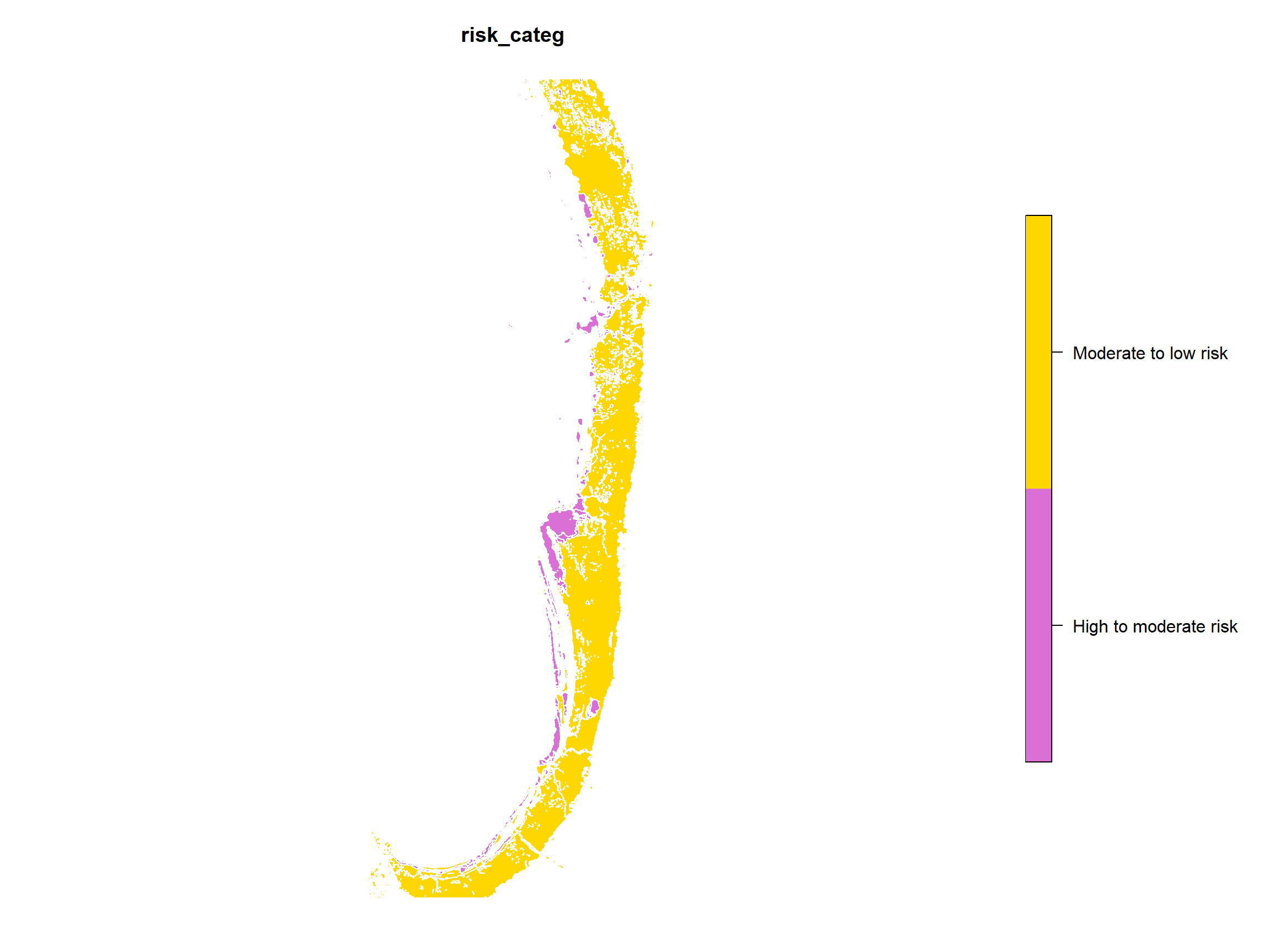 Figure 1: Plot of layer 4 in Swan Coastal Plain Acid Sulfate Soil Risk Map (DWER 2020) converted from shapefile into `sf` object in R.