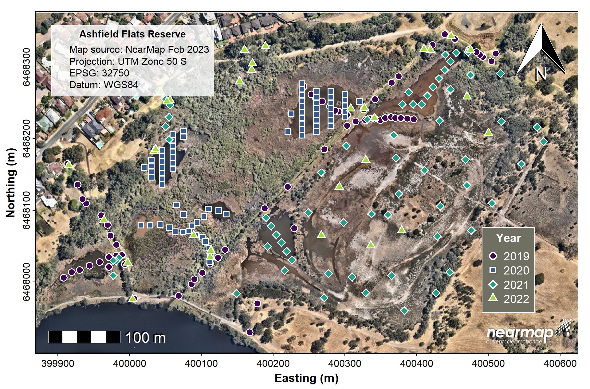 Figure 1: Map of sampling locations at Ashfield Flats Reserve from 2019-2022 plotted on a Nearmap spatial raster.