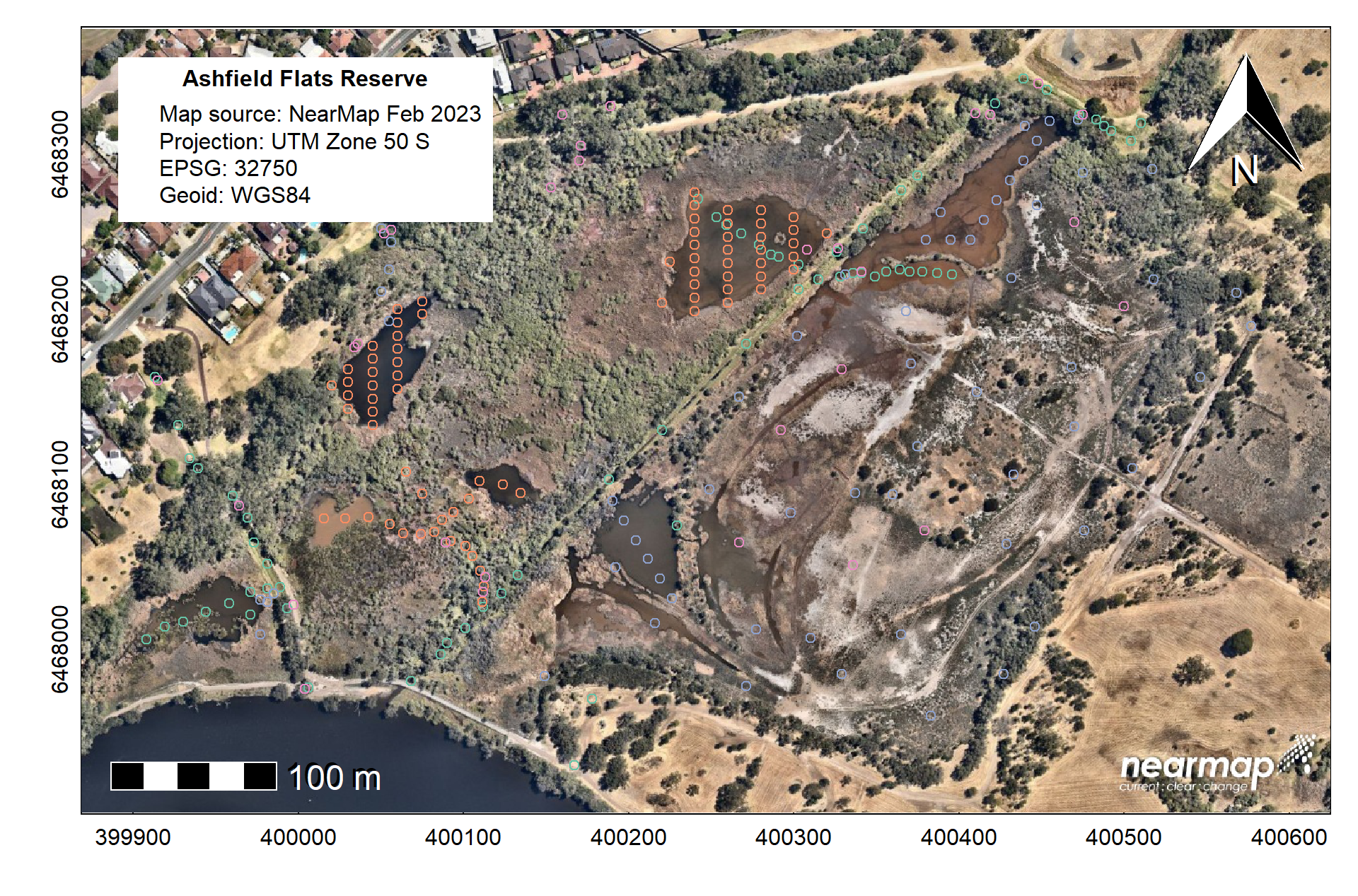 Figure 2: Map of sampling locations at Ashfield Flats Reserve from 2019-2022 plotted on a Nearmap spatial raster using `plot.geom` as an argument to `image()`.