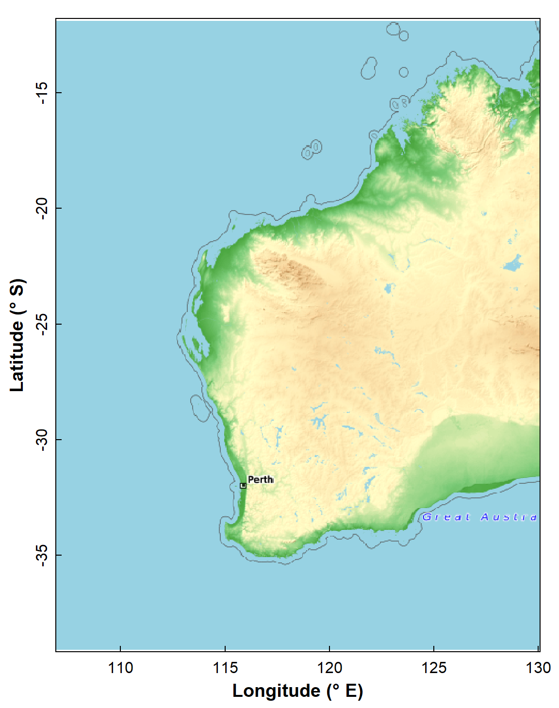 Figure 1: Map of Western Australia (rectangular Long-Lat projection) used subsequently as the base map for spatial analyses. Generated using the `maptiles` R package, with OpenTopoMap tiles.