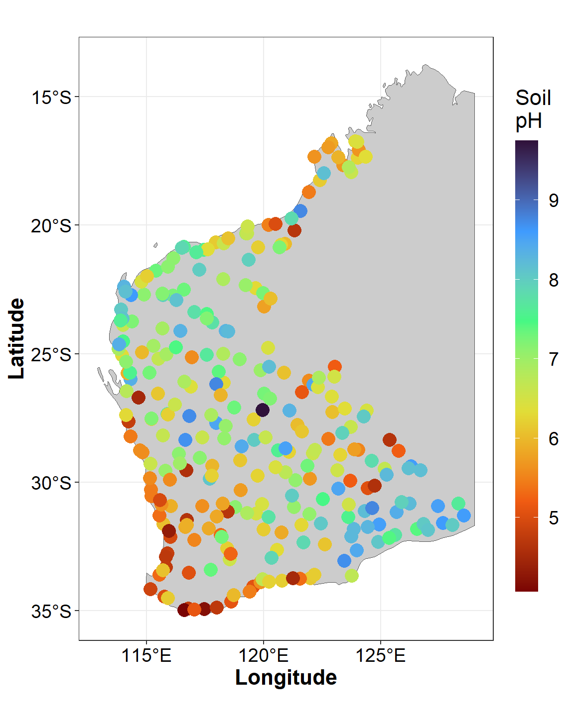 Figure 4: Sample locations and soil pH for the Western Australia subset of the NGSA data plotted usiing `ggmap` over a simple background.