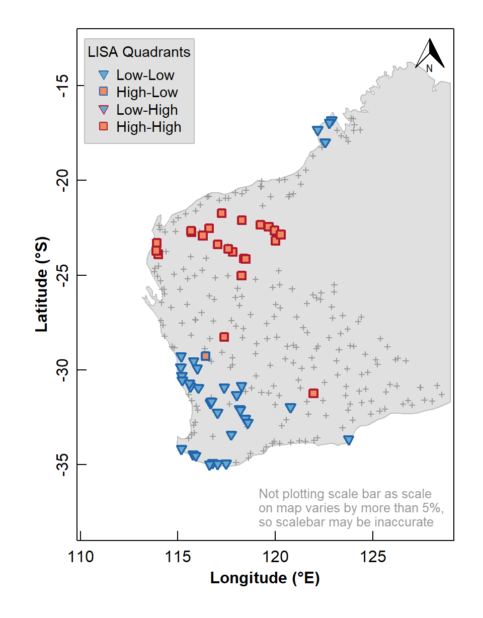 Figure 6: Map of Local Indicators of Spatial Association (LISA) relative to median for arsenic (As) concentrations in the WA subset of the NGSA data, –2 mm topsoil fraction.