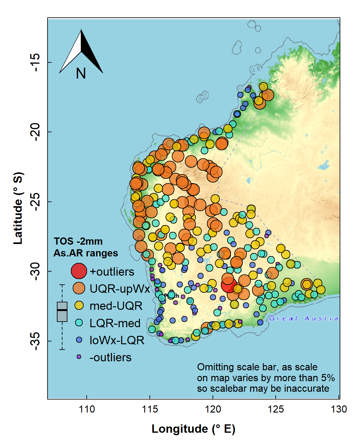 Map of arsenic (As) concentrations expressed as symbols for concentration ranges (UQR is 75th percentile, upWx is upper whisker, med is median, LQR is 25th percentile, loWx is lower whisker). Data are from from the WA subset of the NGSA data, -2mm tosoil fraction.