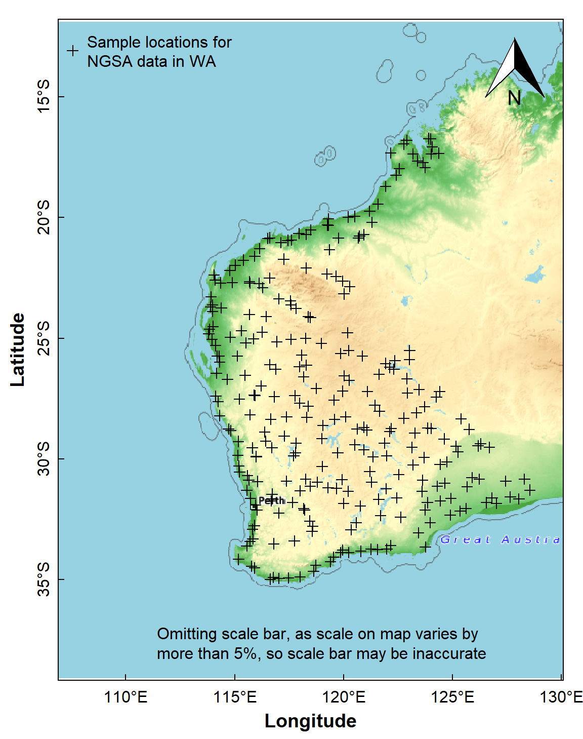 Figure 3: Sample locations for the Western Australia subset of the NGSA data plotted over a `maptiles` raster background.