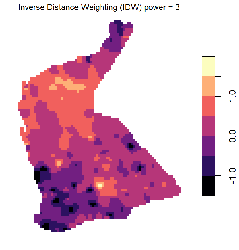 Figure 12: Plots of inverse distance weighted (IDW) interpolation predictions for log-transformed arsenic (As) in the WA subset of the NGSA data, -2mm topsoil fraction.